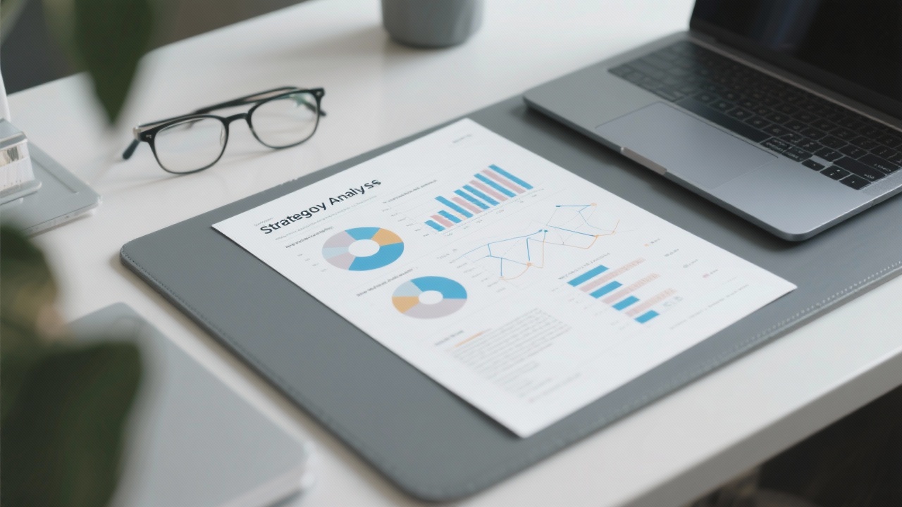 Printed strategic analysis report displayed with annotated charts and executive summary on modern desk next to laptop and glasses.