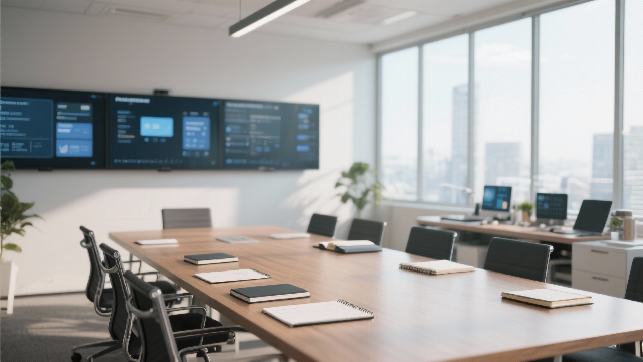 Modern consulting office workspace with meeting table, notebooks, digital screens and natural light showing collaborative environment.
