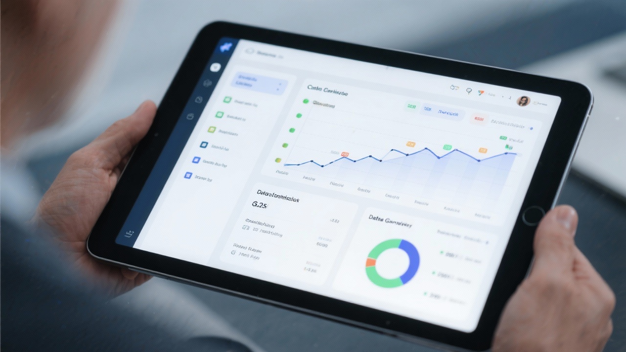 Secure digital dashboard on tablet visualizing compliance checklist, project milestones and data governance indicators for consulting firm.