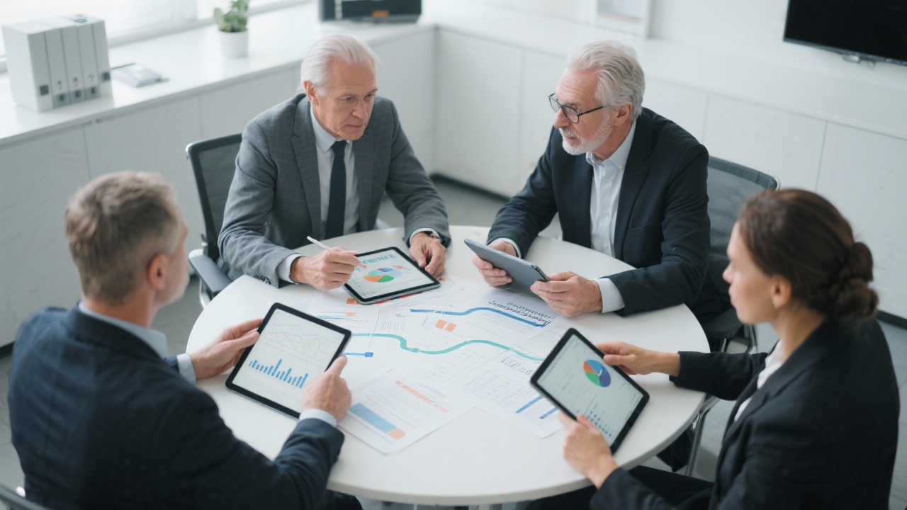 Senior consultants discussing human resources transformation roadmap with client at round table reviewing documentation and analytics on tablets.