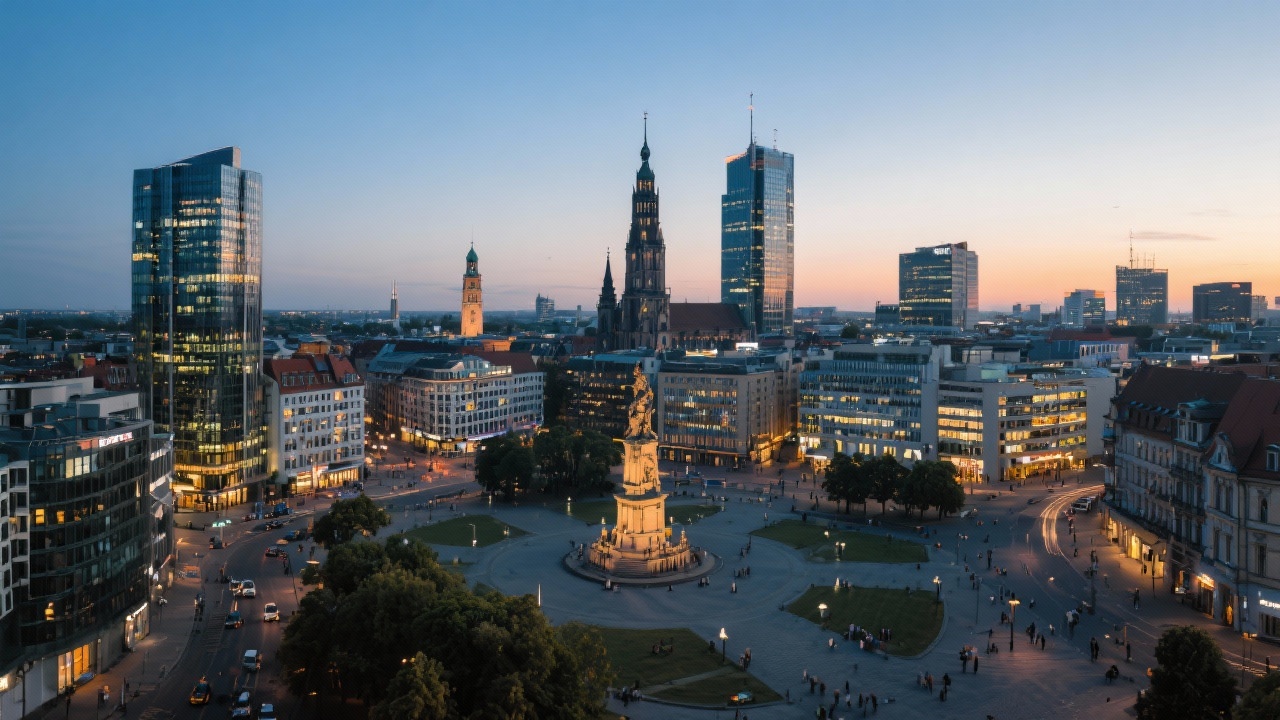 Panoramic skyline of Leipzig city center at dusk with Augustusplatz and modern office buildings representing business environment in Saxony Germany.