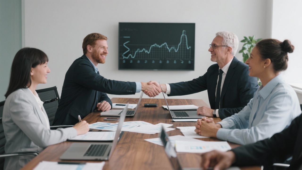 Business advisors and client leadership shaking hands after strategy session at conference table with documents and laptops visible.