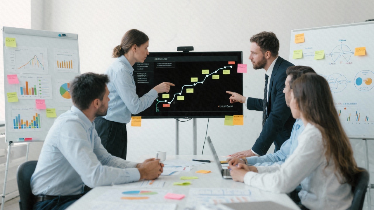 Consulting team reviewing strategic roadmap on large monitor during workshop with charts, sticky notes and process diagrams in bright meeting room.